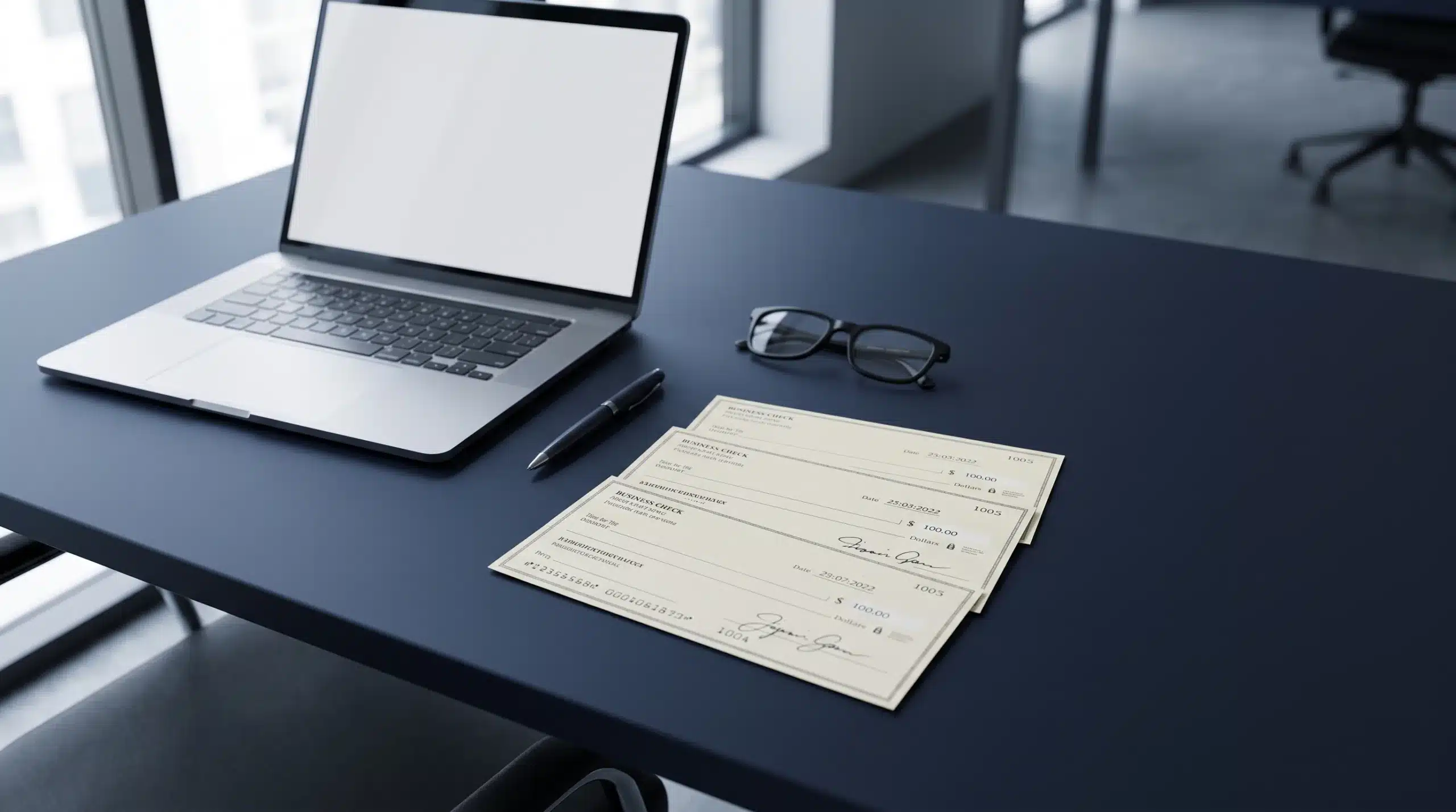 Business checks and a laptop on an office desk