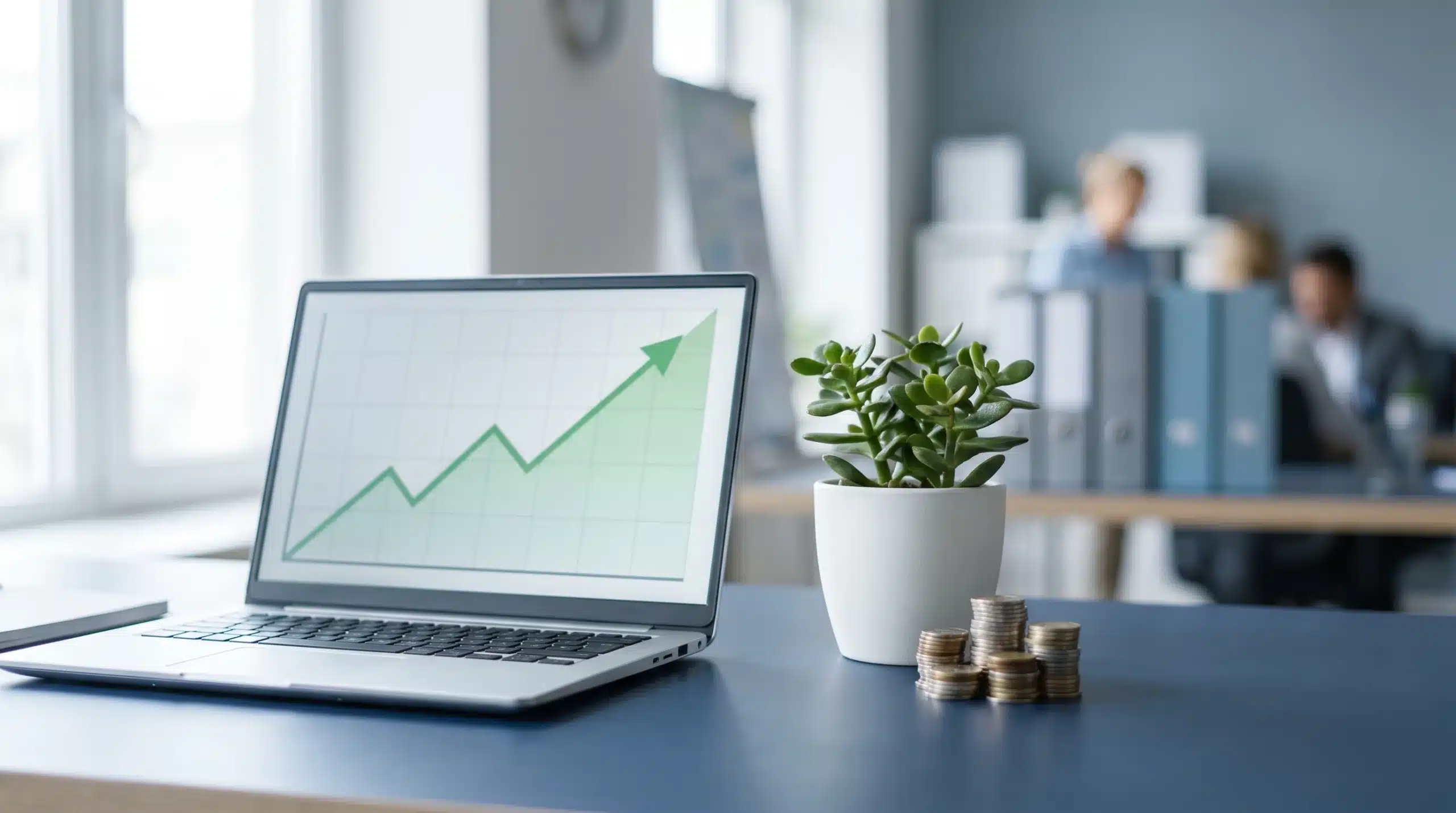 Upward financial growth chart on a laptop with a plant and stacked coins