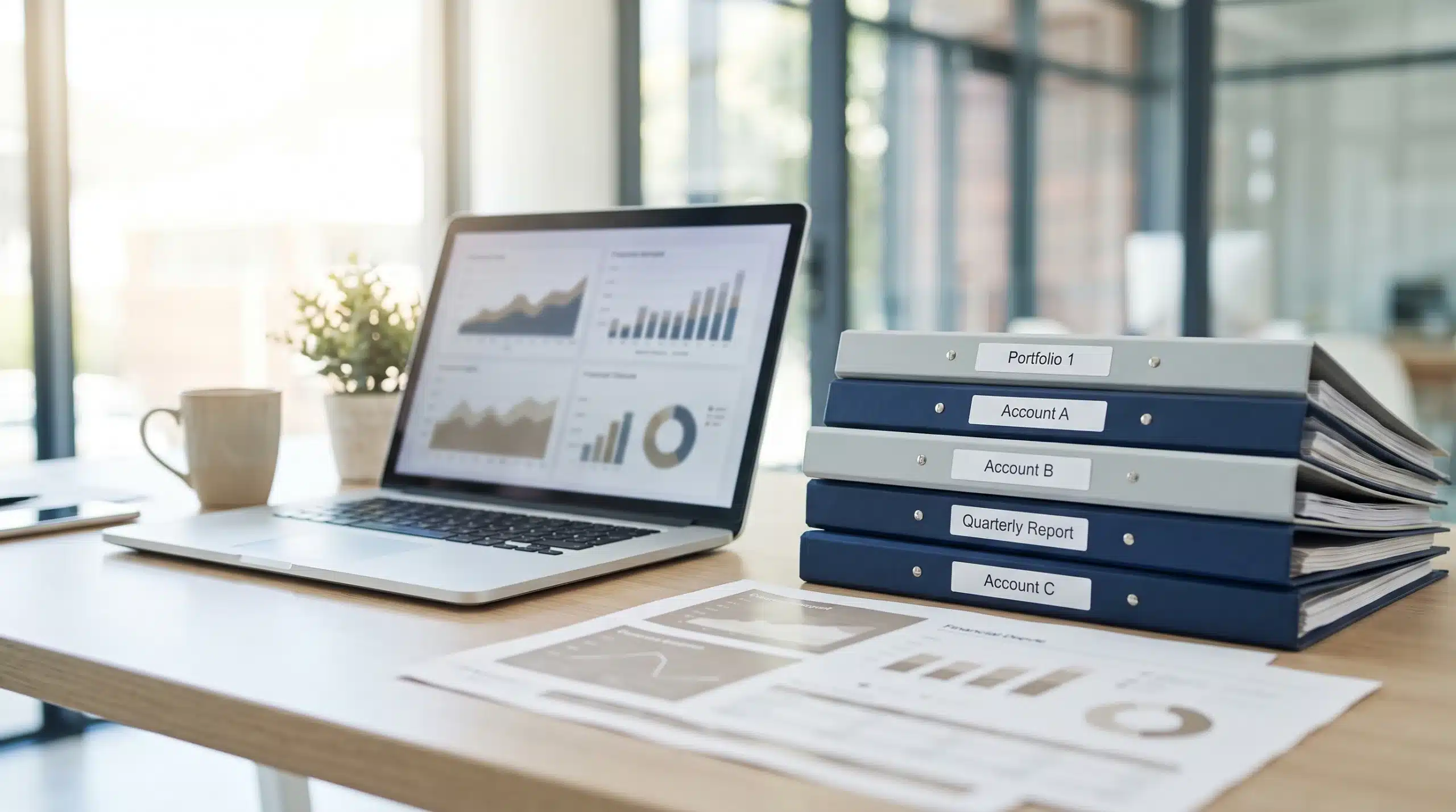 Laptop financial dashboard beside labeled account binders on a desk