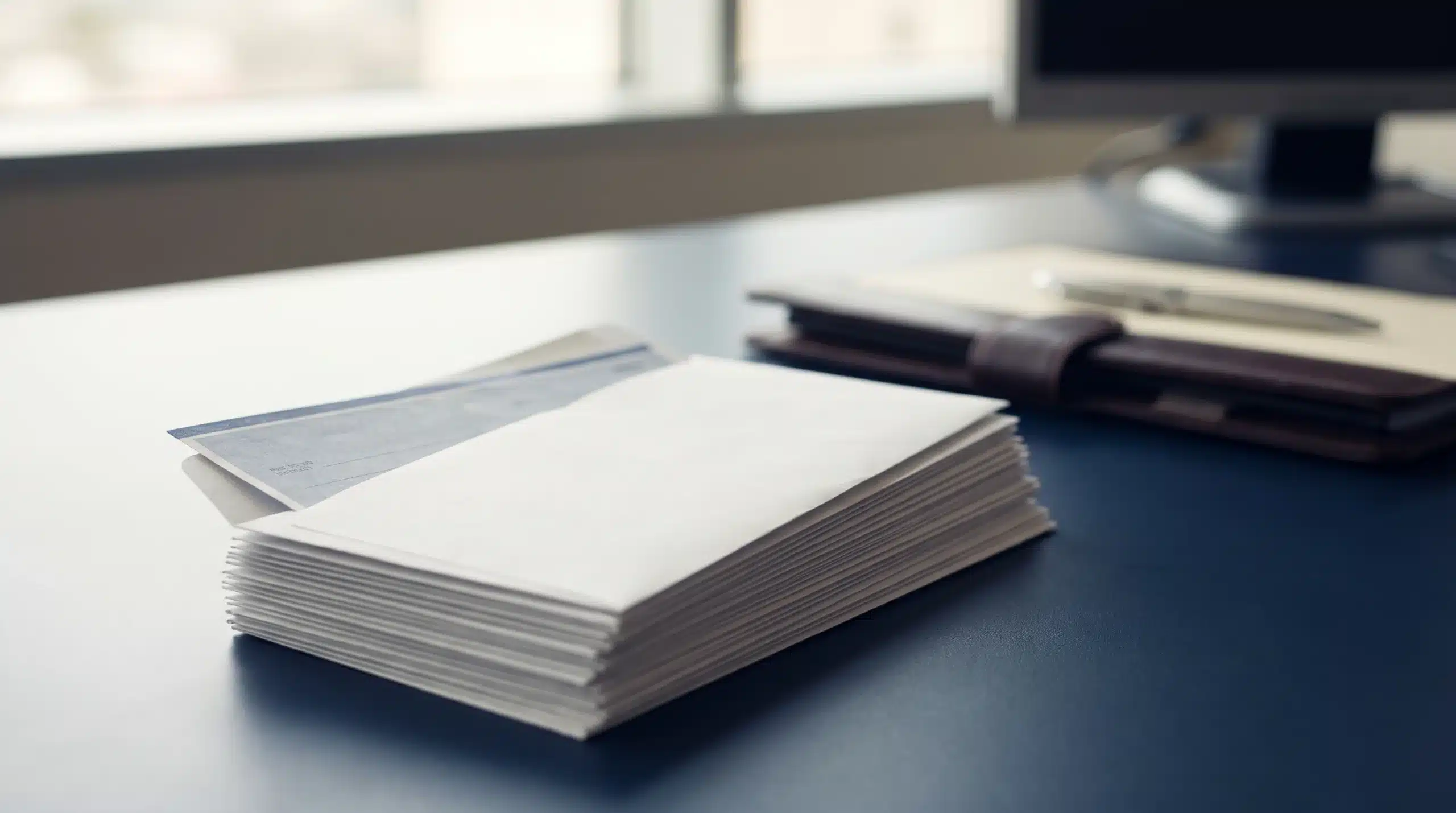 Stack of business mail envelopes with a check on an office desk