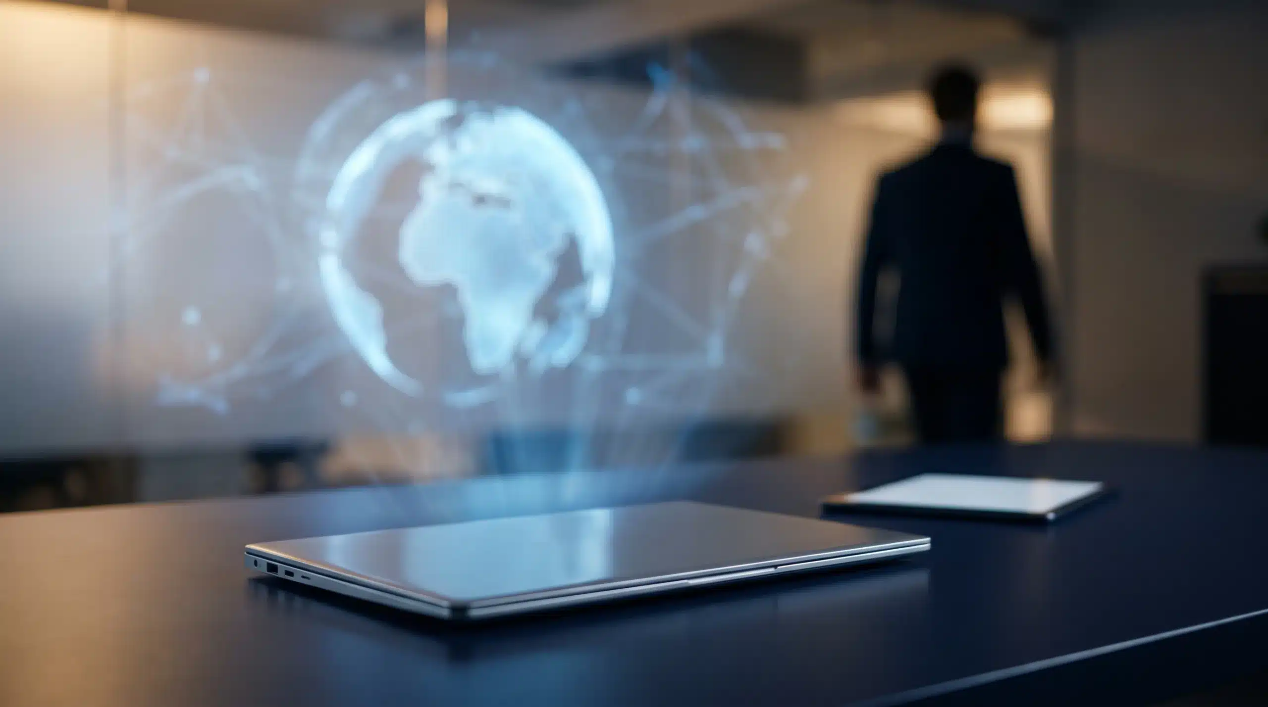 Laptop with a glowing digital globe and network for secure international transfers