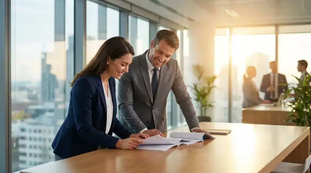Two business professionals reviewing documents together in a modern office