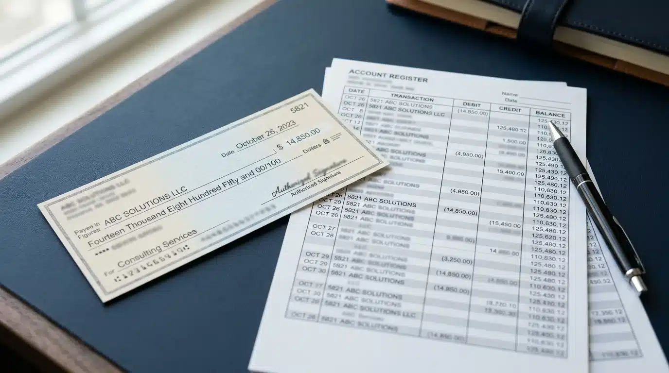 A business check laid beside a printed account register for verification