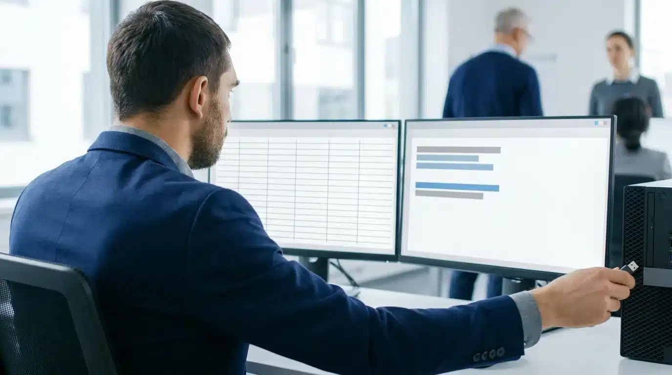 Accountant at a dual-monitor workstation uploading an issued check file