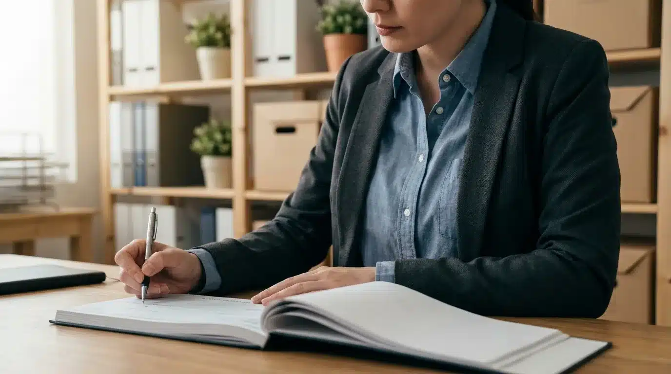 Business owner writing in a company checkbook at an office desk