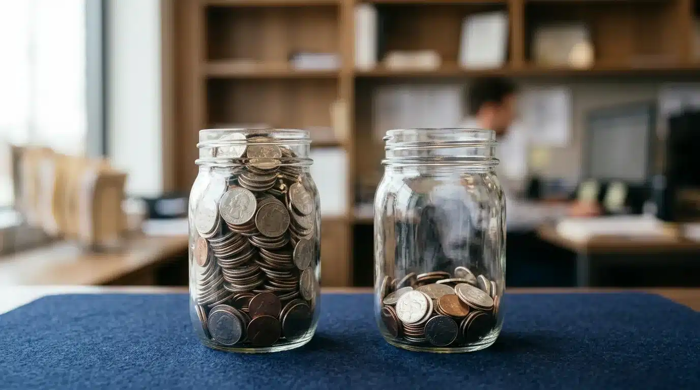 Two glass jars of coins side by side, one fuller than the other