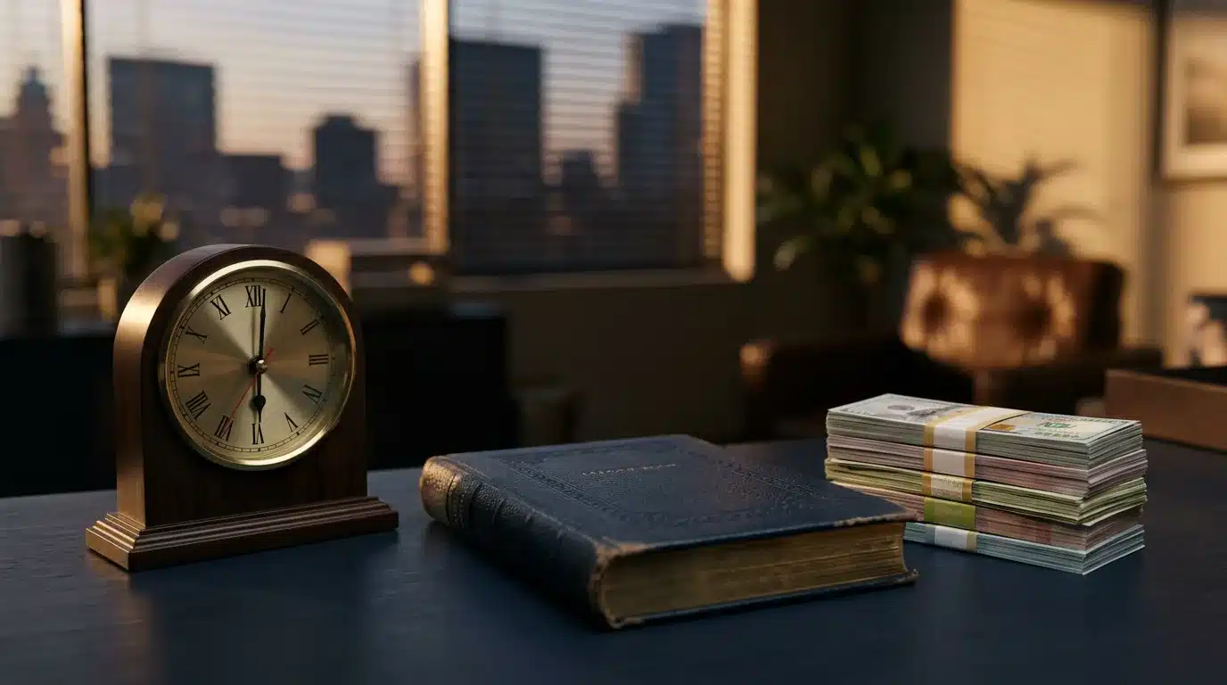 A desk clock beside a closed ledger and stacked currency at day's end