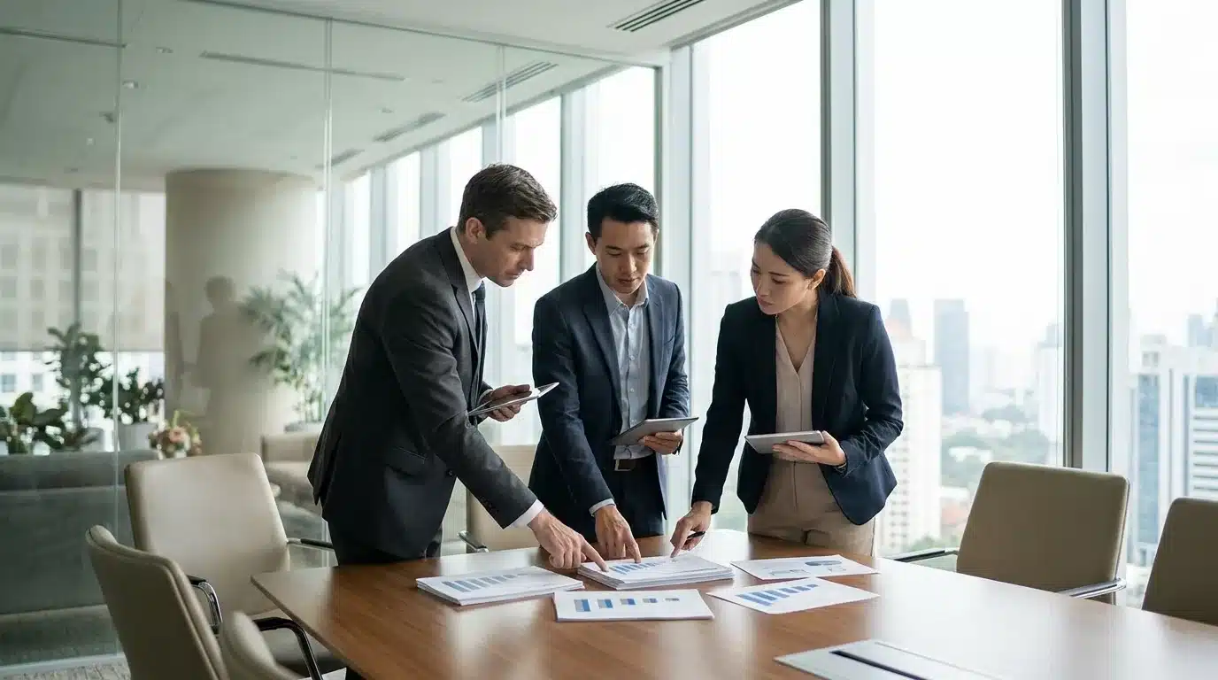Three business colleagues reviewing printed reports in a boardroom
