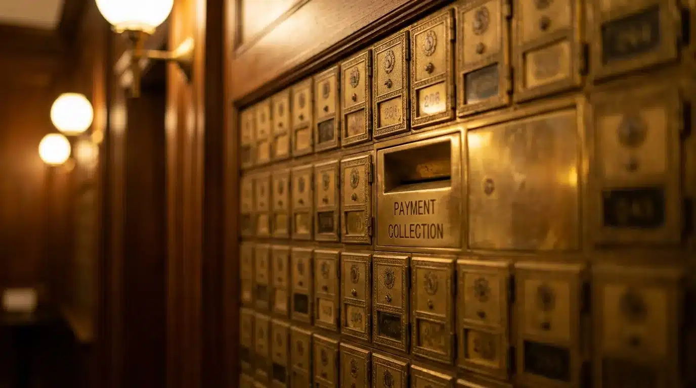 A wall of brass post office boxes with a payment collection slot