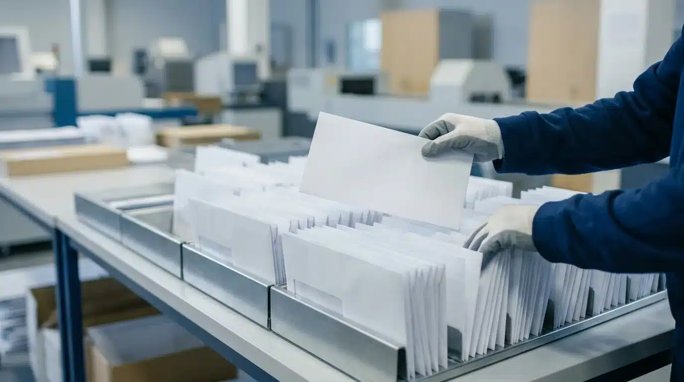 Business envelopes being sorted into trays at a mail processing station