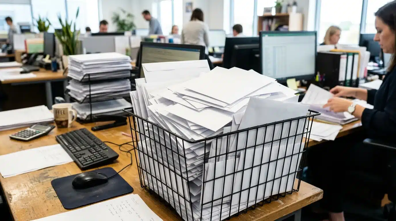A desk tray overflowing with incoming business mail envelopes