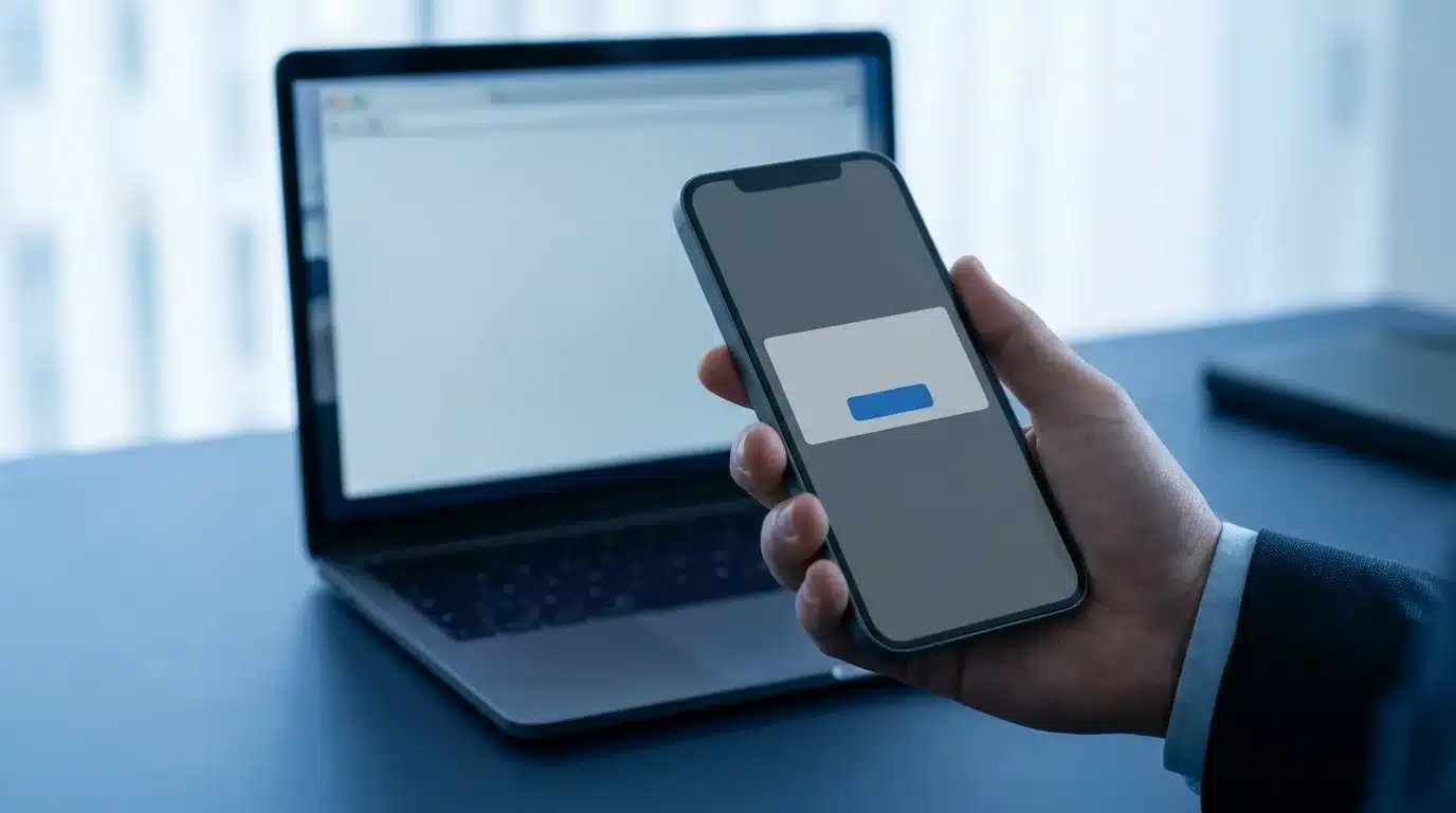 A smartphone showing an approval prompt beside a laptop on a desk