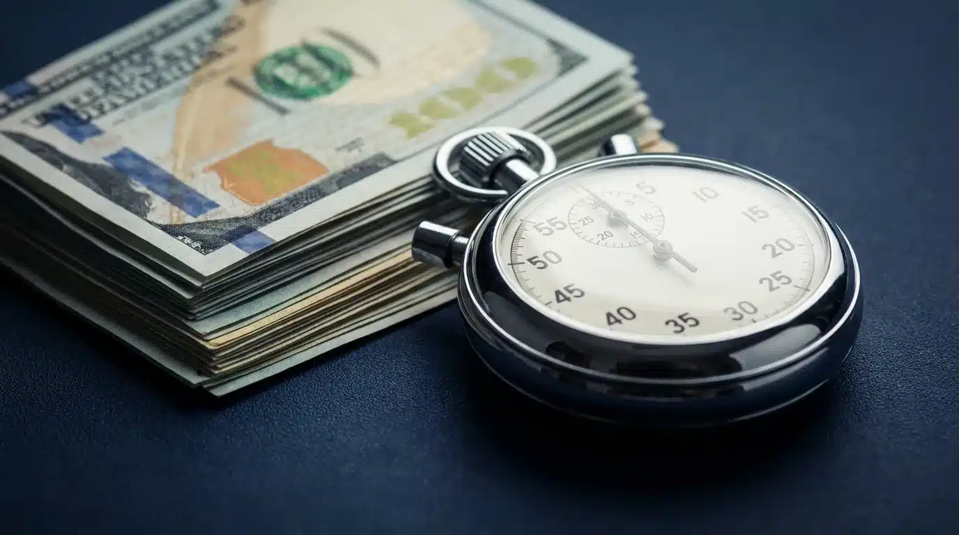A stopwatch beside a stack of bank notes on a navy surface