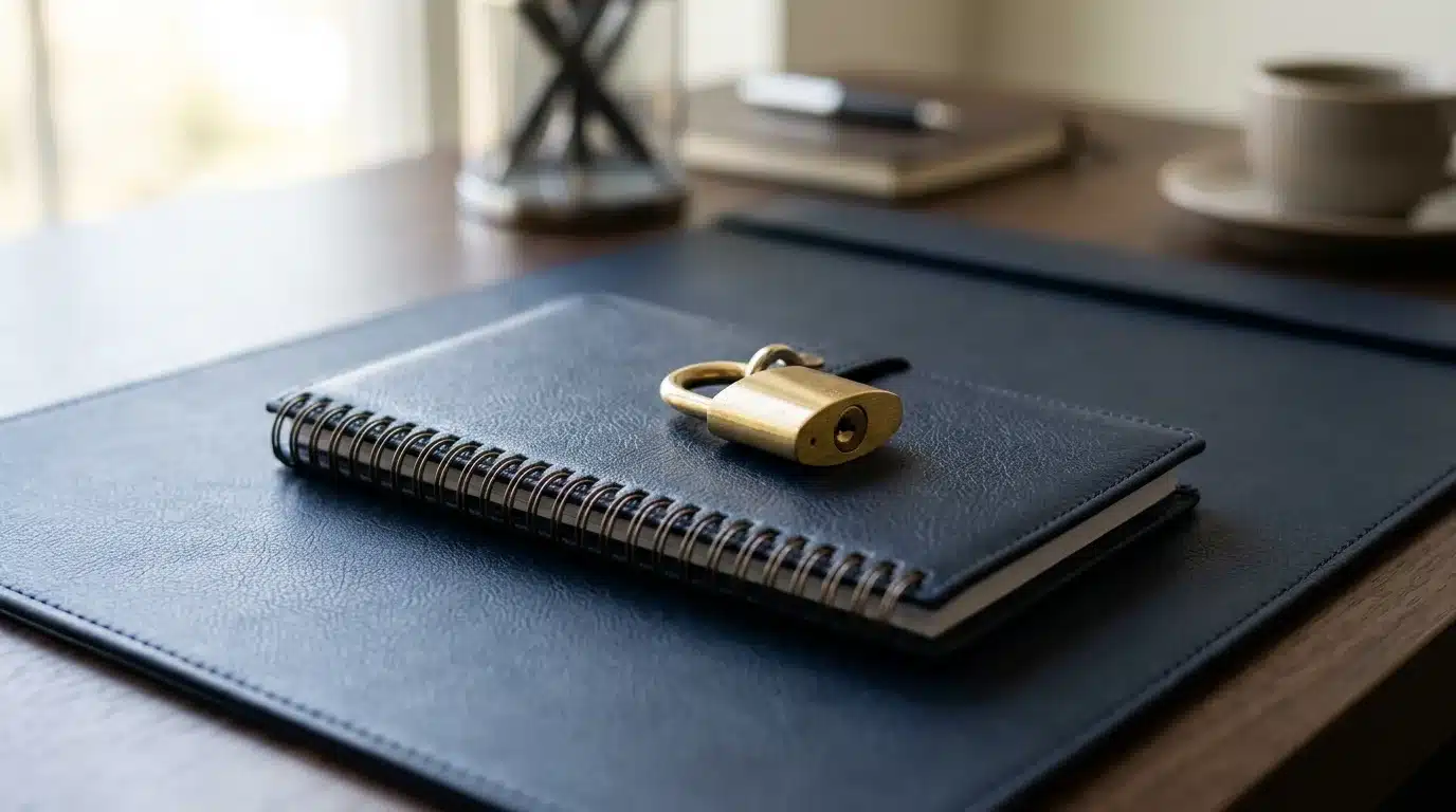 A brass padlock resting on a closed business checkbook on a desk
