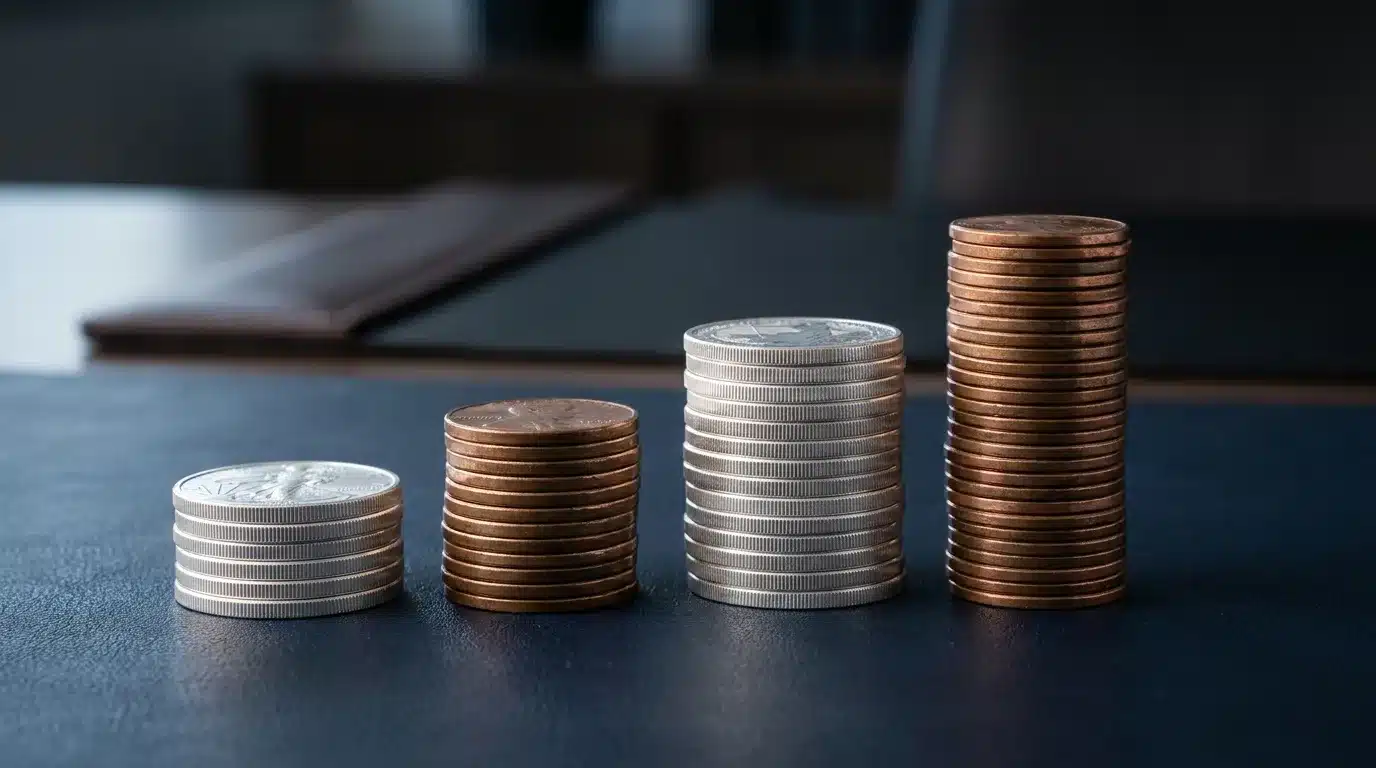 Four ascending stacks of coins on a navy desk surface