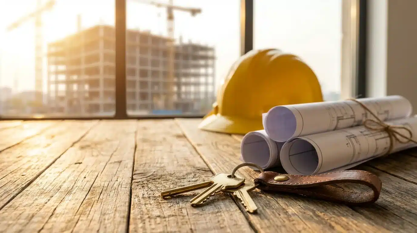 Keys, rolled blueprints and a hard hat with a construction site beyond