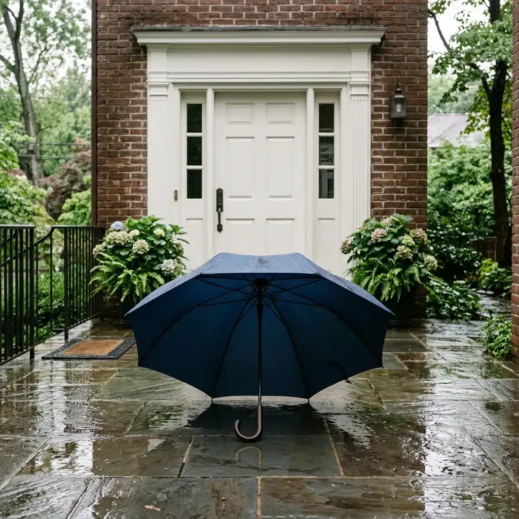 Open navy umbrella drying on the porch of a brick home after rain