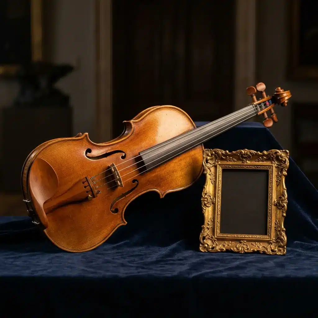 Antique violin and gilded picture frame on dark velvet